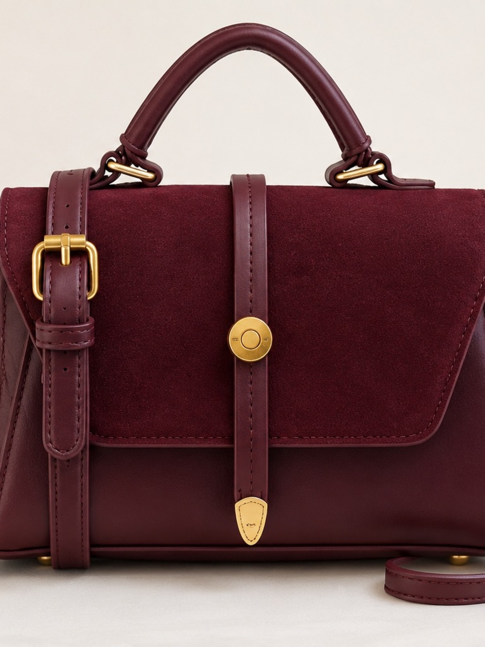 Structured Burgundy Top-Handle Satchel with Gold Hardware